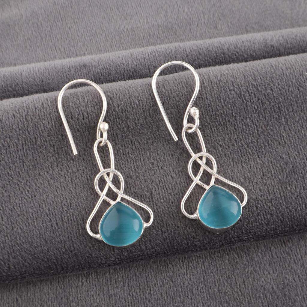 Blue Cat's Eye Gemstone Earrings, 925 Sterling Silver Earrings Jewelry, Handmade Jewelry Earrings, Balancing Jewelry Gift For Women
