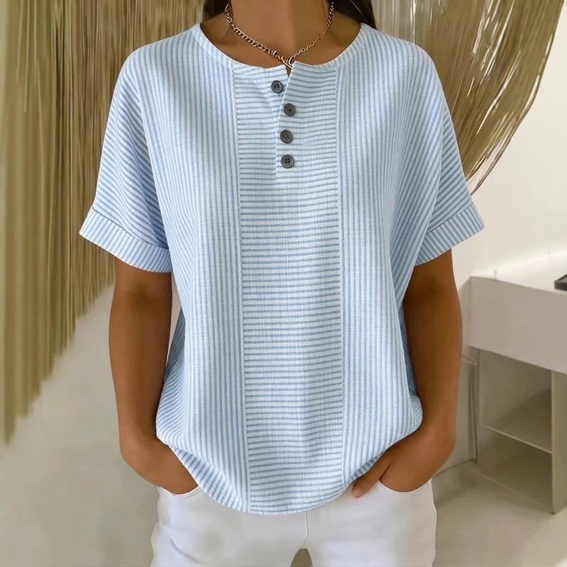 Women Blue White Vertical Stripe Henley Neck Half Button Roll Cuff Short Sleeve Loose Casual Blouse