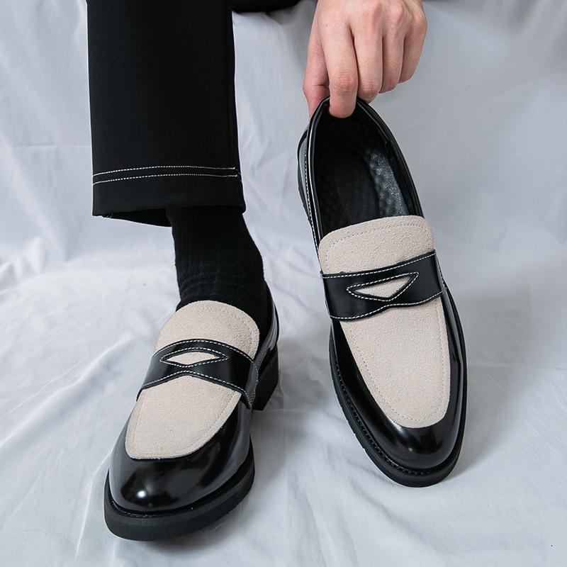 Neue Penny Loafer Mode Herren Spitz Wildleder Patchwork Kleid Freizeitschuhe Männlich Party Hochzeitskleid Homecoming Schuhe