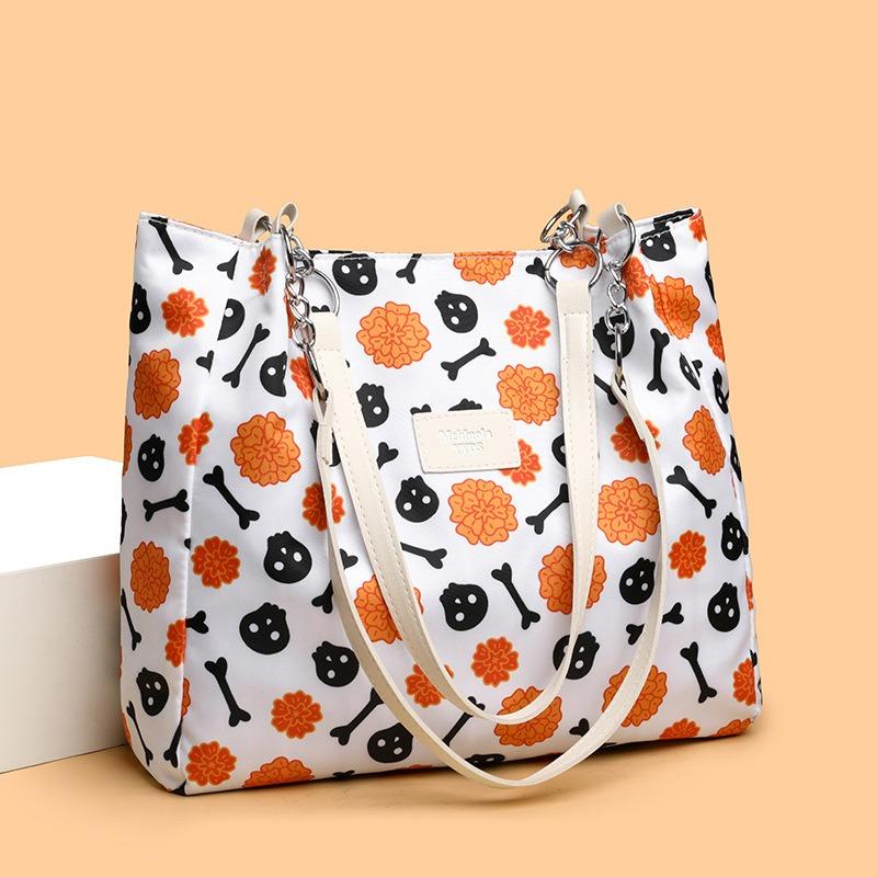 Skull Flowers Durable Nylon Fabric Suitable for Shopping School and Beach Trips Hand Tote Bag