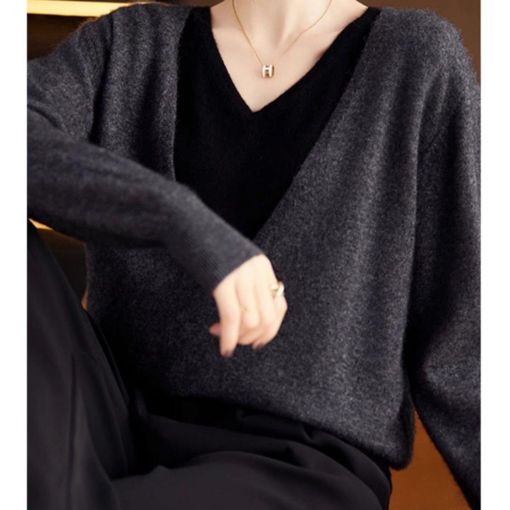 Spring Autumn Versatile Temperament Pullover V-neck Casual Long-sleeved Fake Two-piece Slim Sweater Women