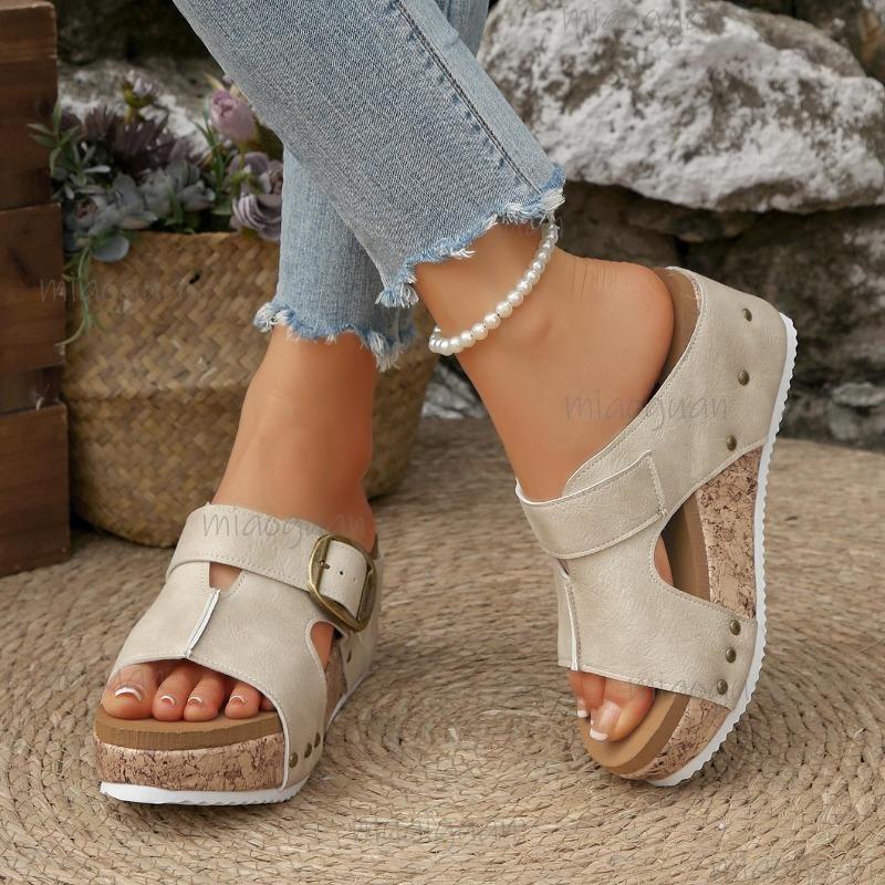 Fashion Women's Summer 2025 Slip-On Sandals Buckle Decor Wedge Soft Bottom Thick High Heel Outwear Mom Shoes Ladies Platforms Sandals