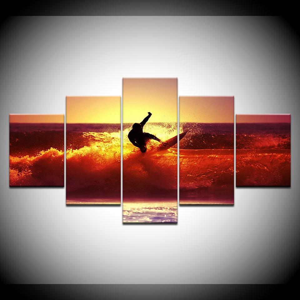 Surfing on the sea golden sunset 5 Panels HD Print Wall Art modern Modular Poster art Canvas painting for Living Room Home Decor
