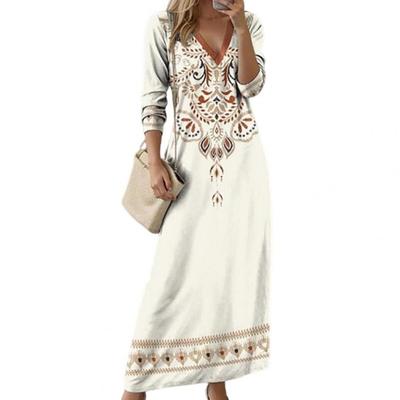 Boho dámské maxi šaty s výstřihem do V, etnický potisk, dlouhé rukávy, měkké, prodyšné, áčkové, délka ke kotníkům, šaty s výstřihem do V