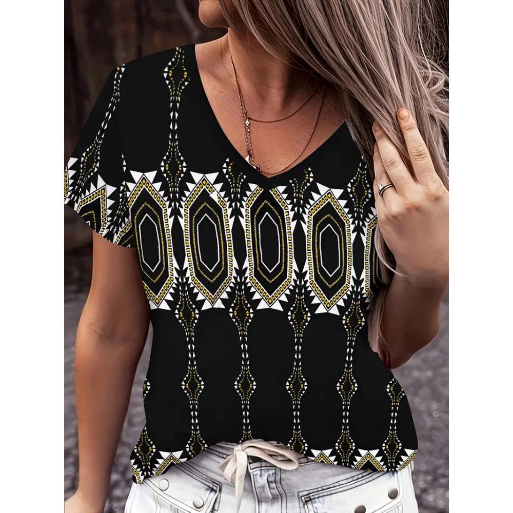 Fashion Women's V-neck T-shirt Summer Outdoor Street Trend Short-sleeved Blouse Floral Print Pattern Loose Clothing