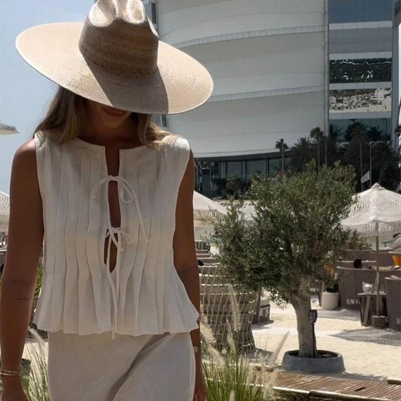 White Bandage Ribbed Sexy Tank Top Shirts Women Hollow Out Lace Up Sleeveless Slim Tops Hottie Summer Deep V Neck Street Sexy Beach Bandage Y2k Vest