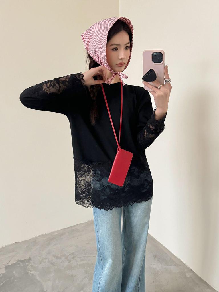 Women's Lace Crochet Patchwork Long Sleeve Casual Top - Summer/Autumn 2025