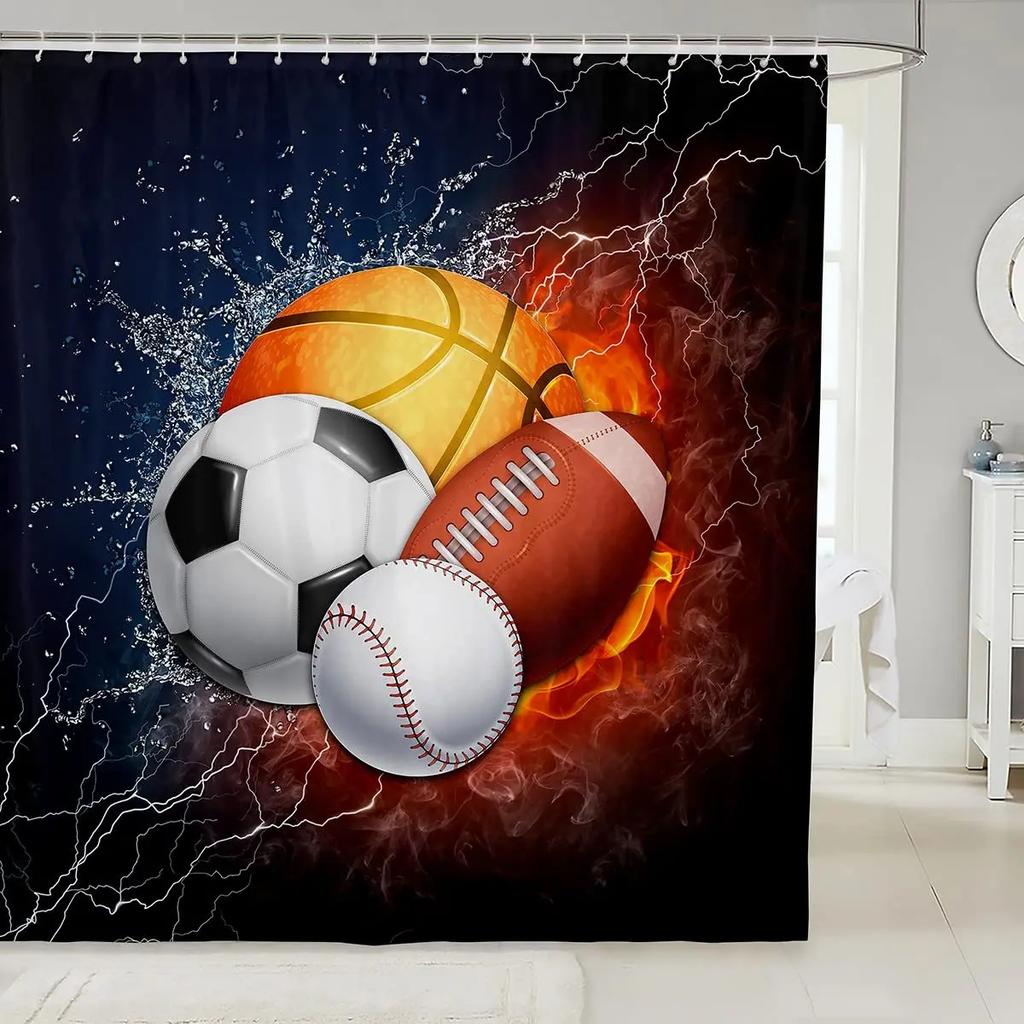 Abstract Football Pattern Shower Curtain Sport Theme Soccer Black and White Colors Waterproof Polyester Bath Curtain with Hooks
