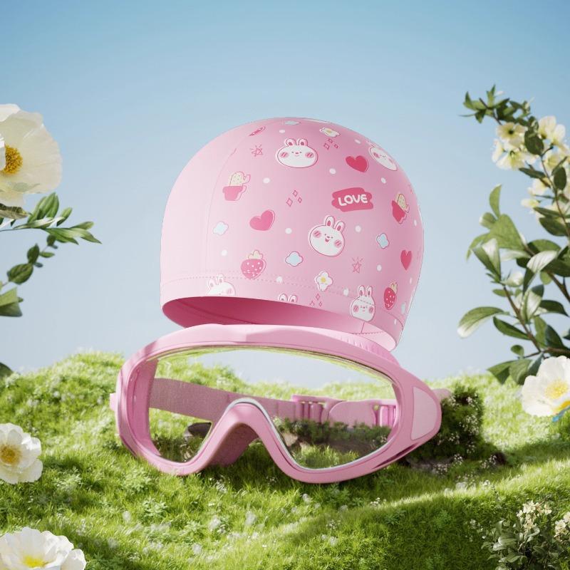 Children s swimming goggles, high-definition anti-fog, waterproof, large-frame swimming goggles and cap set, specialized swimming training equipment Transparent Powder+Rabbit