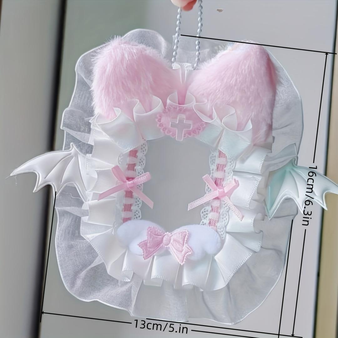 

Декор для показа фотографий Ручной работы Плюшевые кошачьи ушки и розовый бант Кружевной держатель для фотокарточек - Очаровательный подвес для сумки с акцентами в виде сердца и креста Подарки для любителей кошек