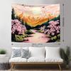 Mountain Tapestry Nature Forest Pink Cherry Blossoms for Bedroom Aesthetic Sunset Wall Hanging Orange and Green Landscape for