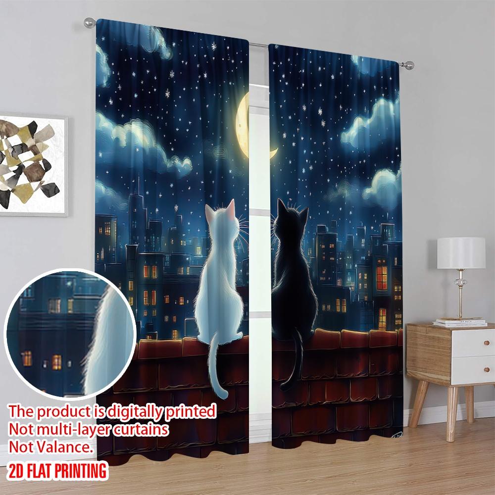 Room Darkening Flat Printing Curtain Cat Roof Polyester Birthday Party Perfect Bedroom Living Decoration Set Of 2 Made Washable Area Ready