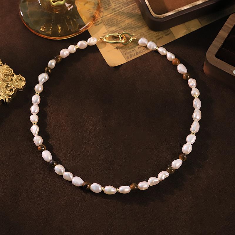 Natural Freshwater Pearl Tiger Eye Stone Necklace with Clasp Pearl Beaded Choker for Women Daily Wear Bohemian Jewelry GN0898