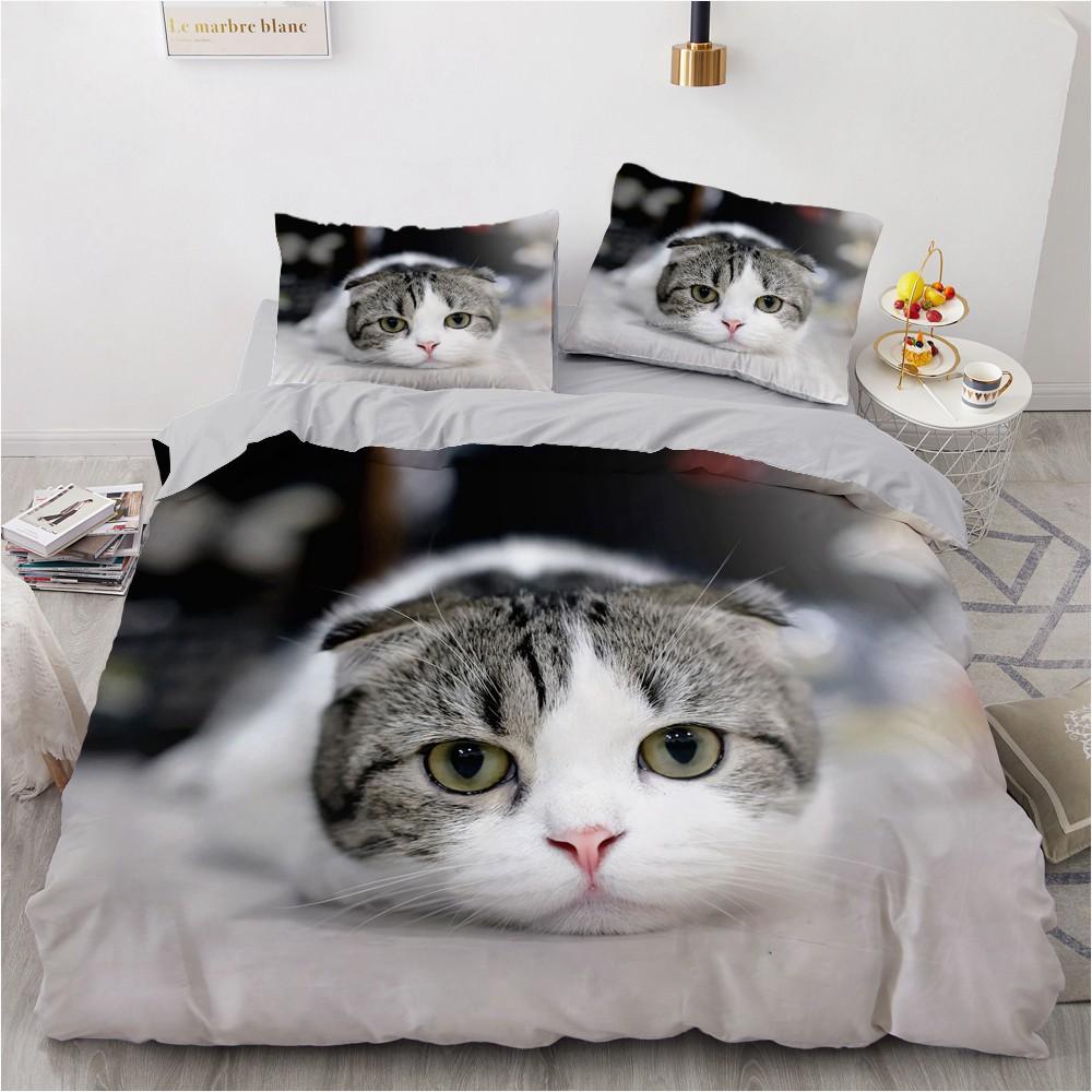 3D Cat King Queen Duvet Cover Lovely Grey White Kitty Bedding Set For Kids Teens Adults Scottish Fold Soft 2/3pcs Quilt Cover
