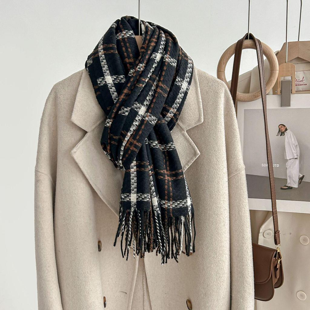 Women's Winter Plaid Imitation Cashmere Tassel Scarf, Thickened Korean Style Neck Warmer