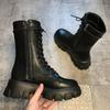 Mode Frühling Herbst Schwarz Runde Zehe Plateau Damen Halbstiefel Trend 2025 Übergangssaison New Rock Hot Schnürstiefel Damen Mid-Calf Schuhe