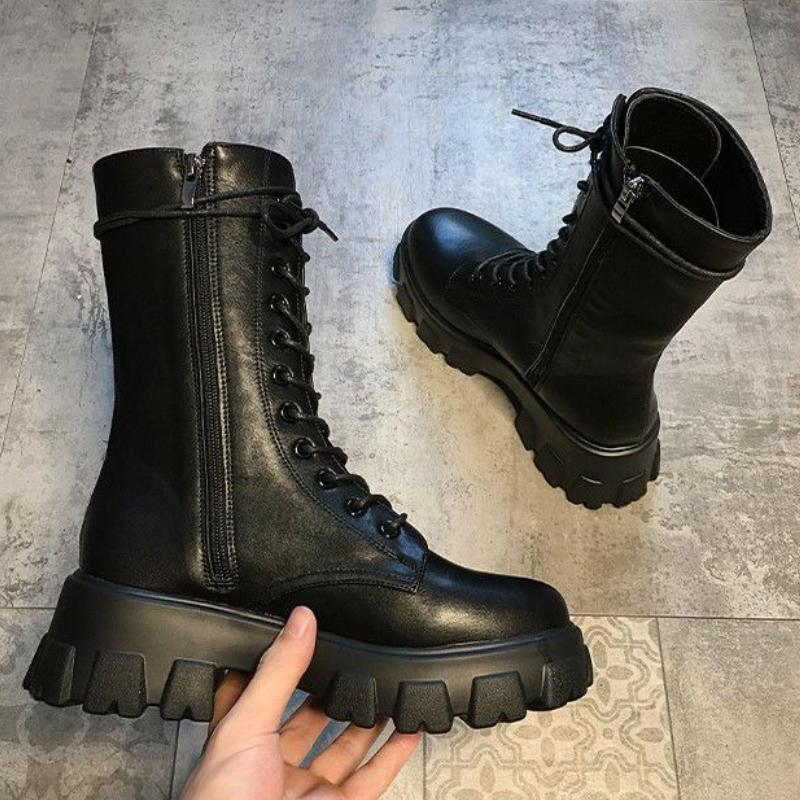 Mode Frühling Herbst Schwarz Runde Zehe Plateau Damen Halbstiefel Trend 2025 Übergangssaison New Rock Hot Schnürstiefel Damen Mid-Calf Schuhe