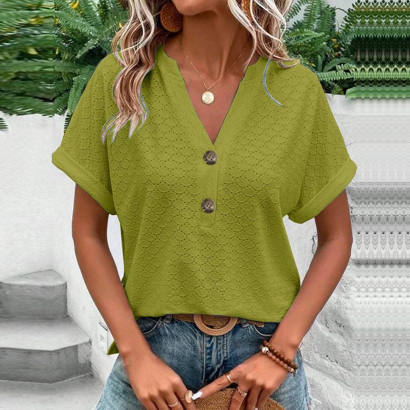 2026 Spring/Summer Women s Fashion Casual V-Neck Button T-Shirt S