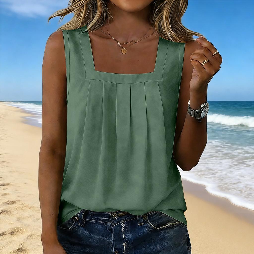 Women’s Square Neck Pleated Tank Top Sleeveless Casual Blouse Loose Fit Lightweight Pullover Shirt for Daily Wear