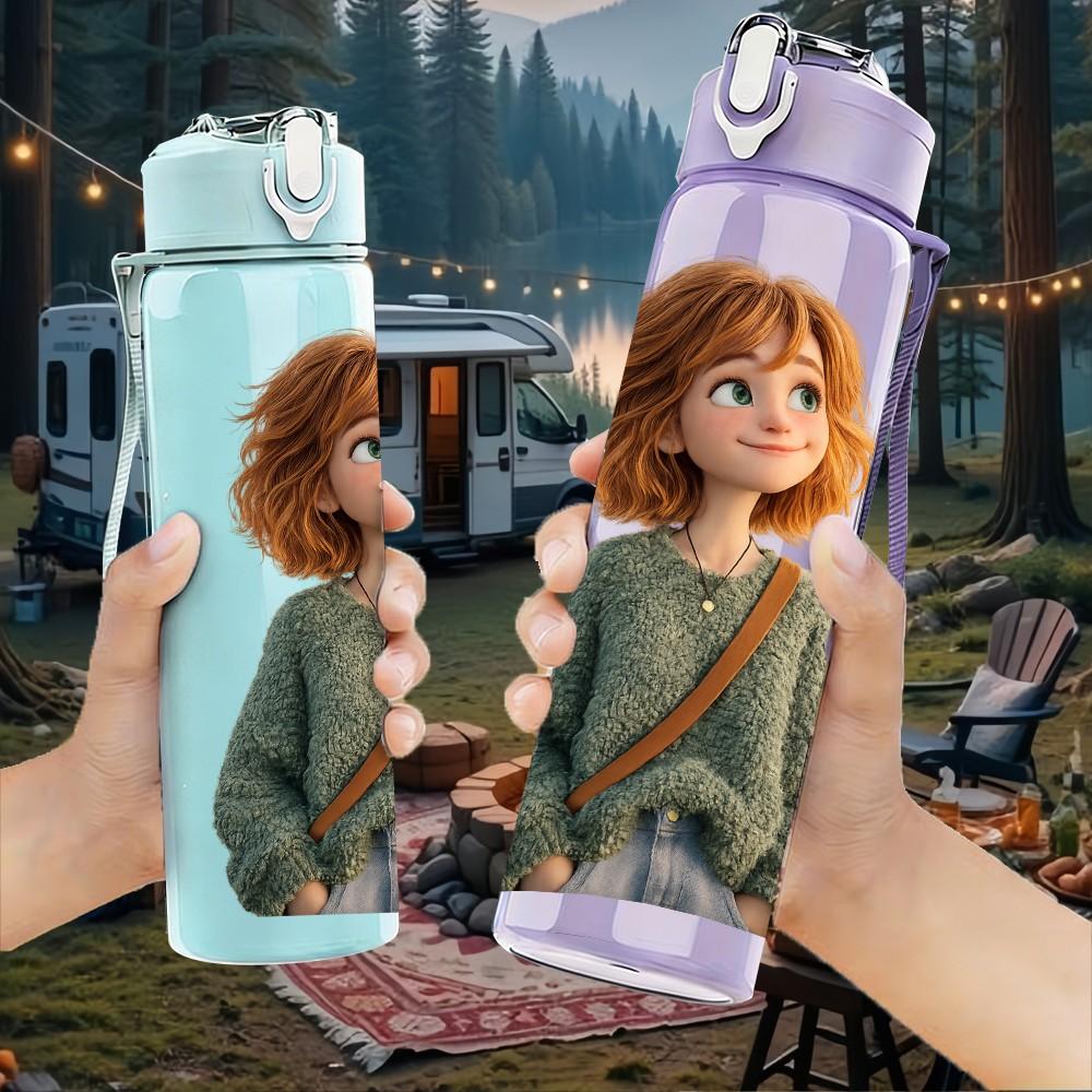 1PC Short Hair Girl In Green Coat Print 750ml Color Plastic Sports Water Bottle Leakproof Flip Straw Lid Suitable for Sports Office Home Use
