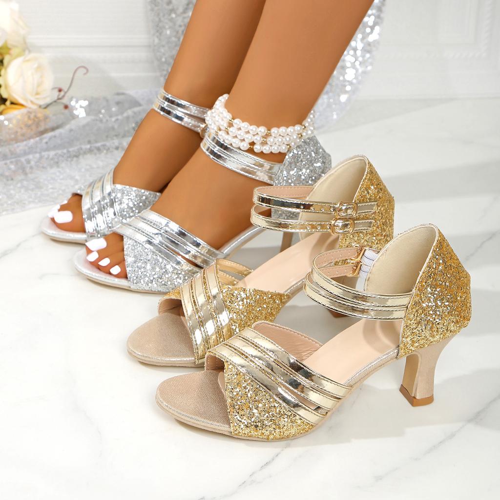European and American Sexy Bag Heel Thick Heel Sandals 2025 New Summer Fashion Fish Mouth Gold High Heels