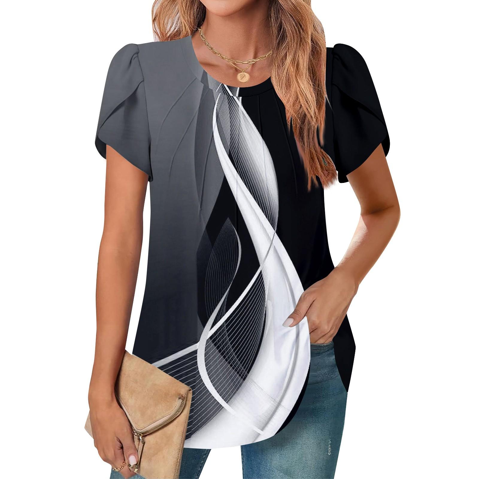 

Женский повседневный топ с круглым вырезом и коротким рукавом, с плиссировкой и расклешенными рукавами, с цветочным принтом L чёрный