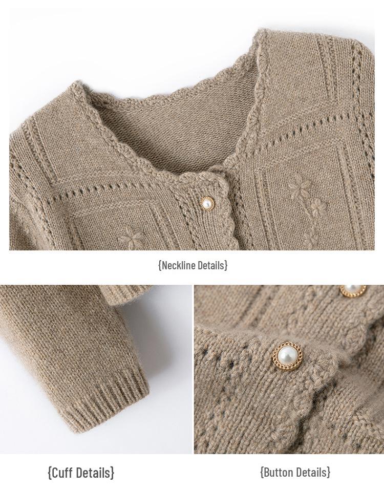 2023 Women's Pure Wool Round Neck Hollow Out Jacquard Knit Cardigan - 100% Cashmere, Loose Fit