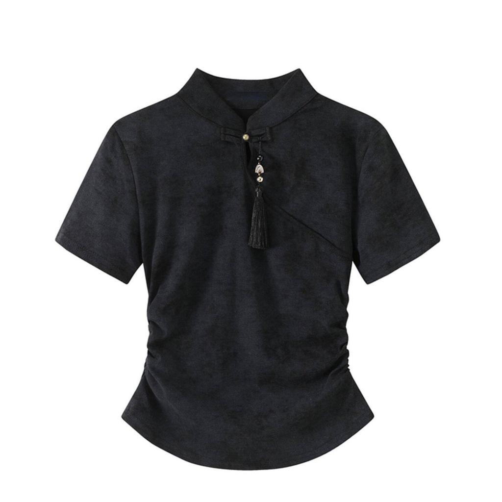 New Chinese Style Disc Buckle Smudged Short-sleeved T-shirt Women's Summer New Design Sense Chic Small Short Top