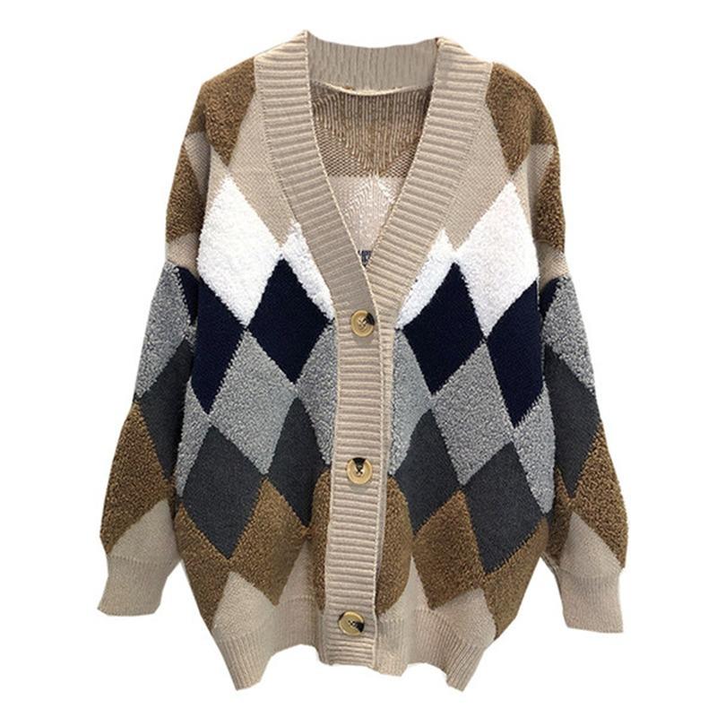 Autumn Winter V-neck Long Sleeve Cardigan Knitted Sweater Fashion Loose Women Elegant Diamond Print Casual Thick New Knitwear Office Jacket Clothing