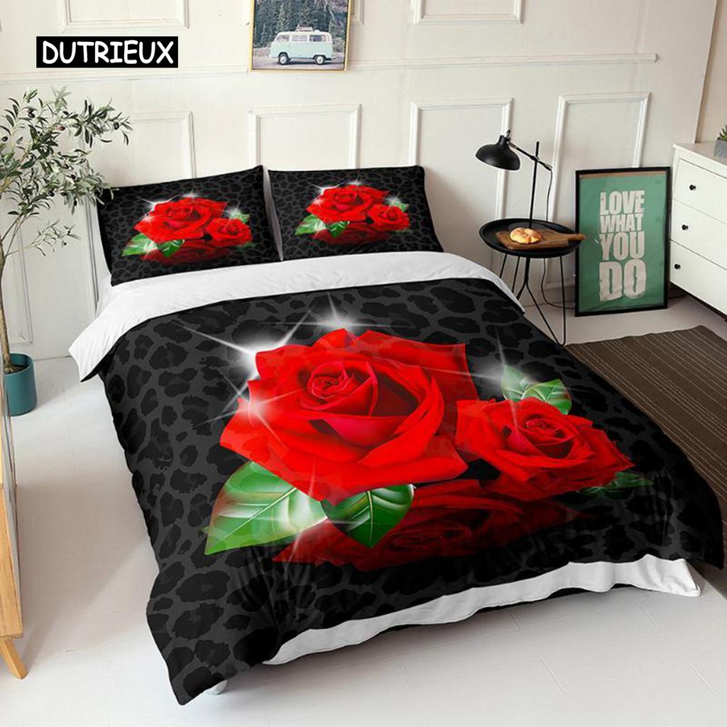 Red Rose Duvet Cover Set Queen Microfiber Floral Petals Botanical Twin Bedding Set Romantic Flowers Valentine's Day Quilt Cover