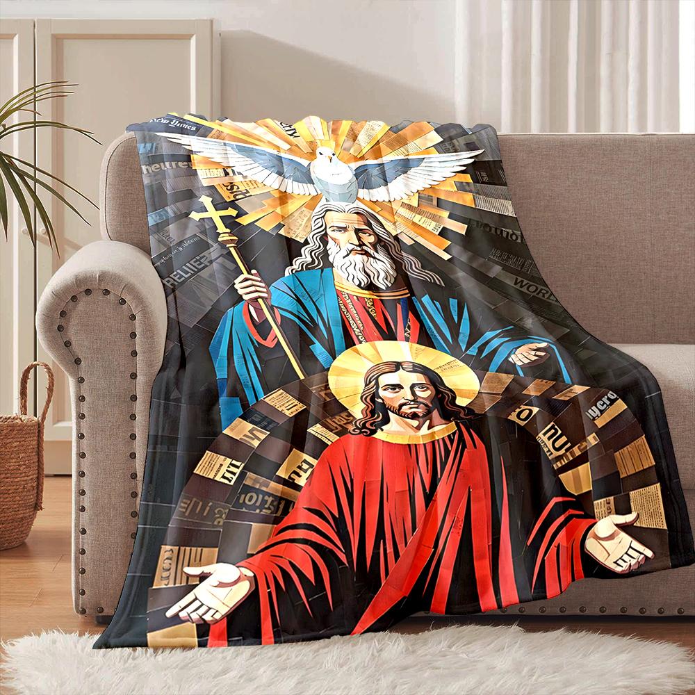 1PC Father, Son, Holy Spirit Faith-printed Flannel Blanket Soft and Warm Suitable for Home Travel Picnics Camping and RV Use 75X95CM