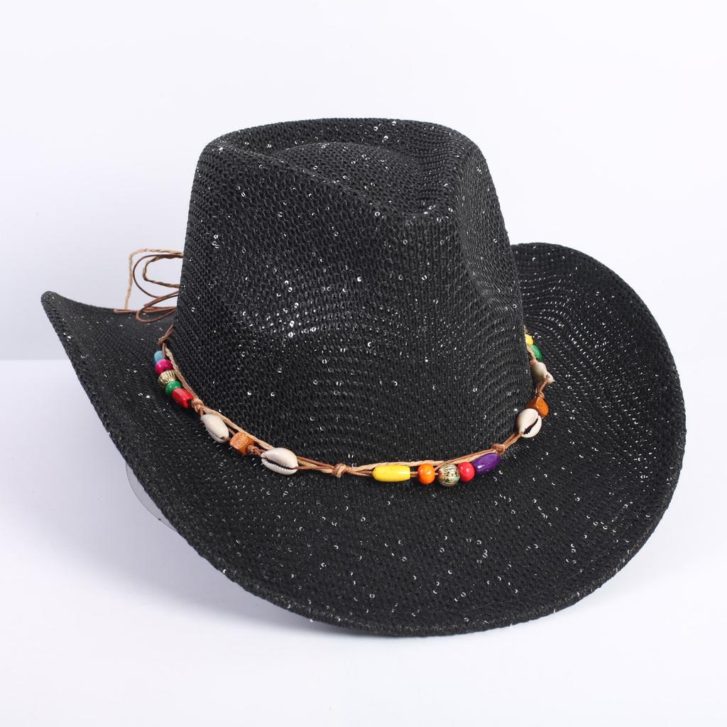 Popular European and American Classic Western Denim Straw Hat, Men's and Women's Fashion Outdoor Sunscreen Sequined Straw Hat