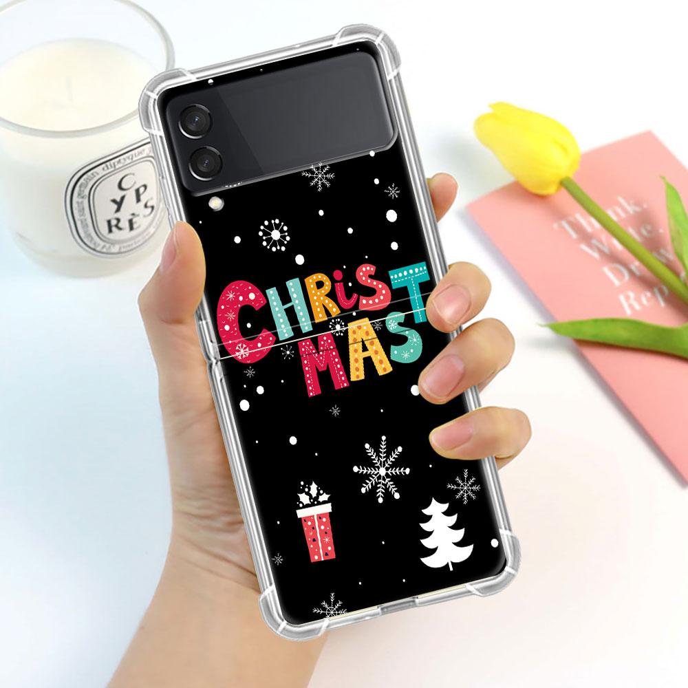 Luxury Case For Samsung Galaxy Z Flip 3 4 5G Funda Z Flip3 Clear PC Hard Shockproof Back Phone Shell Snowman Christmas Cartoon