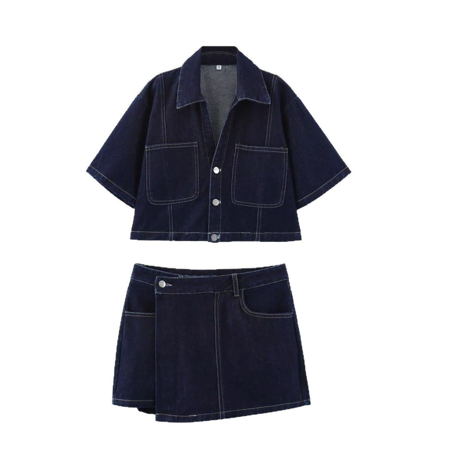

TAOP&ZA Spring/Summer Women s Fashion Denim Short Shirt & Midi Skirt Set XS