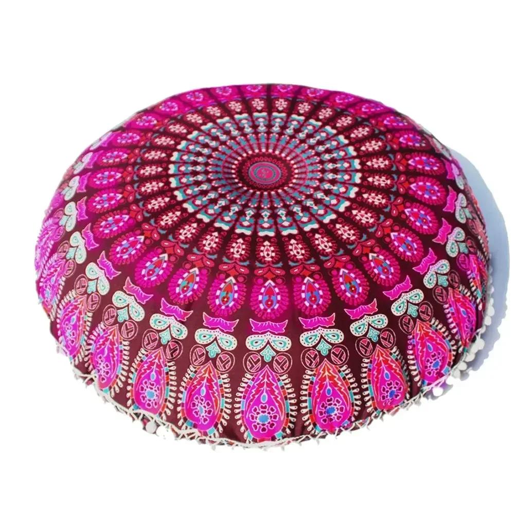 43CM Round Bohemian Mandala Pattern Pillowcase Indian Elephant Printed Cushion Cover Boho Meditation Floor Pillows Case
