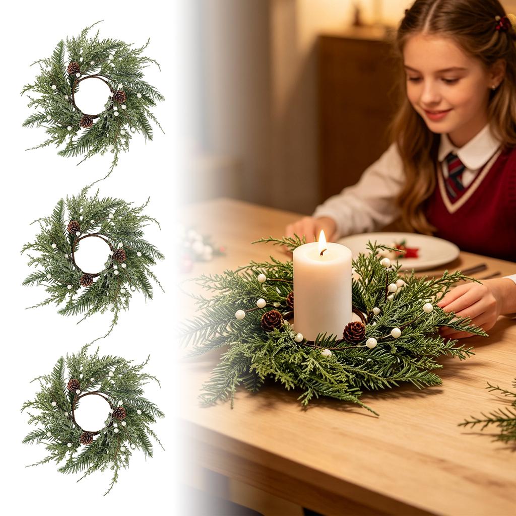 Christmas Candle Wreath with Artificial Frosted Cedar and Cones for Holiday Home Decor