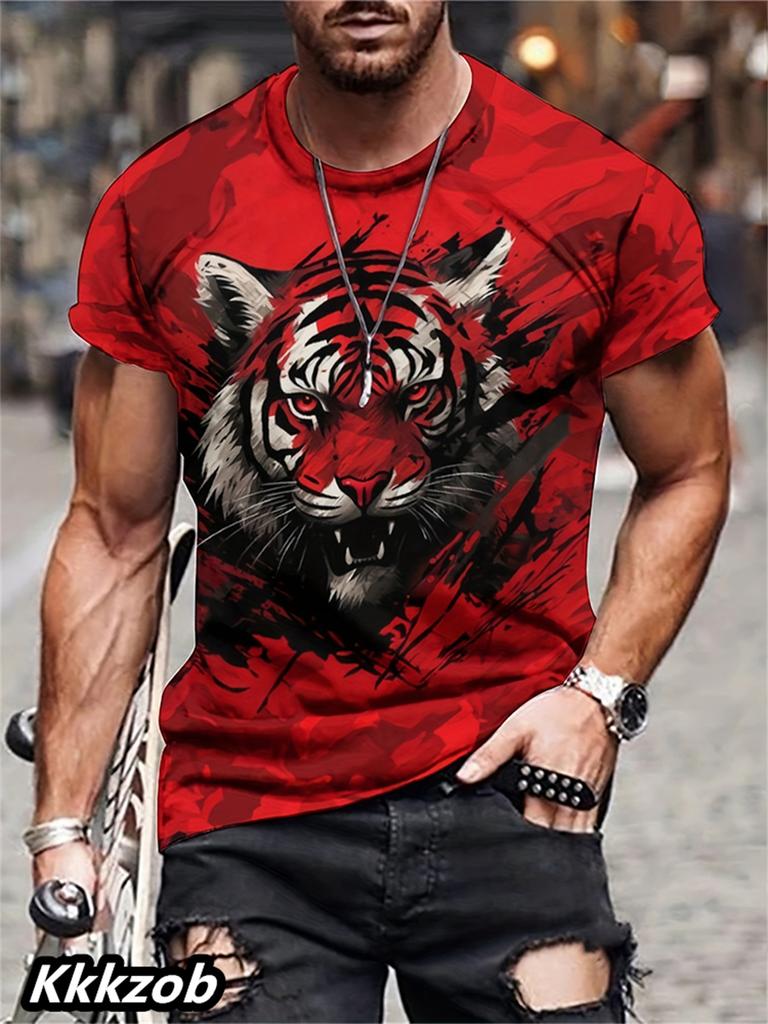 Men's 3D Printed Lion Short-sleeved Crew Neck T-shirt for Summer, Soft and Breathable, Casual and Comfortable, Suitable for Outdoor Sports.