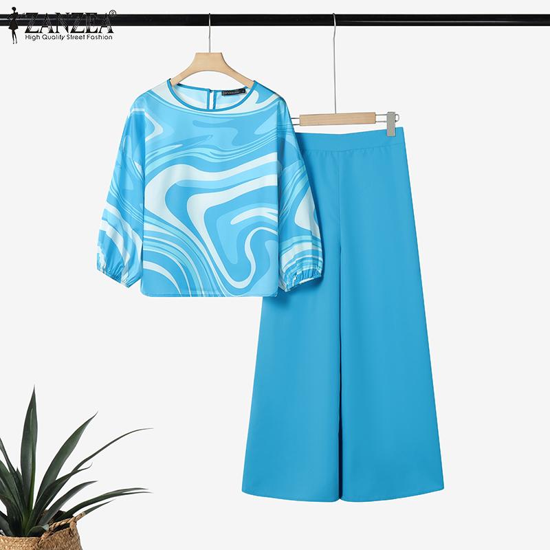 ZANZEA Damen Langarm Print Bluse und Hose Lässige Zweiteiler Anzugsets