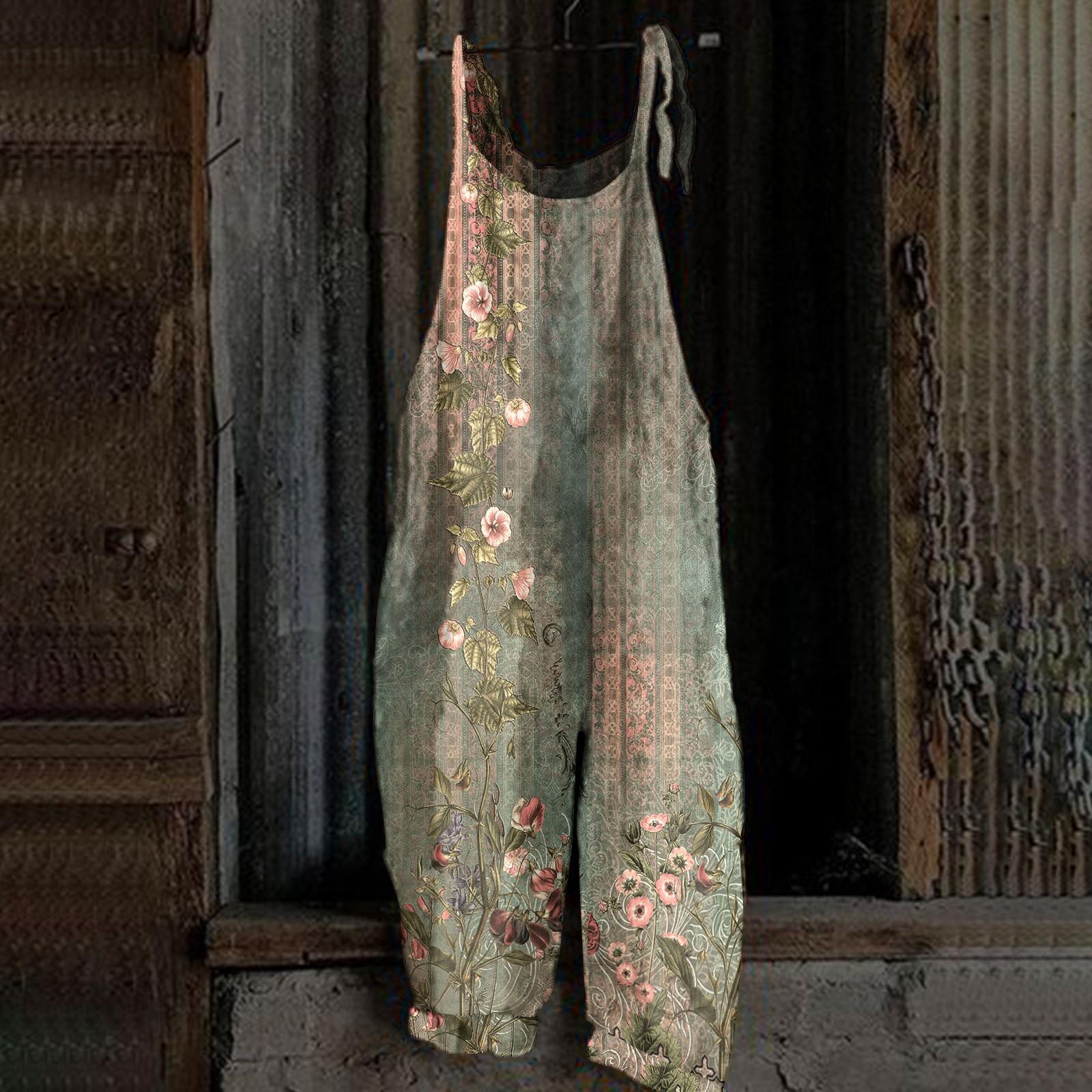 

Женский комбинезон с принтом, повседневный, свободный, винтажный, с бретельками, из хлопка и льна XL