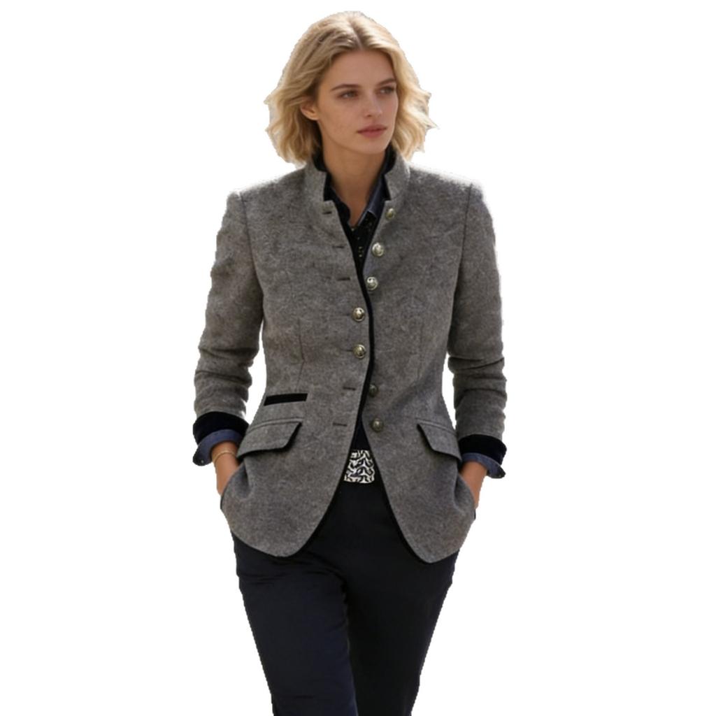 Blazer Curto Tweed Castanho Claro com Acabamento Azul Marinho, Fecho Assimétrico com Botão Frontal