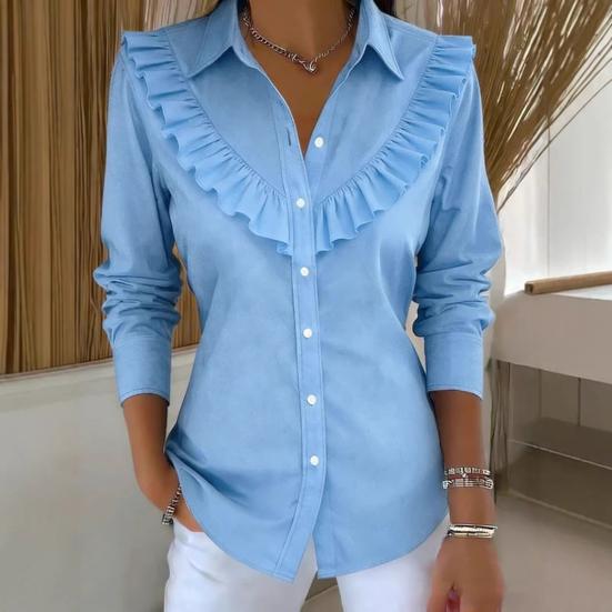 Women Shirt Lapel Long Sleeve Ruffle Decor Shirt Tops Pure Color Loose Fit Buttons Placket Casual Shirt Work Party Vacation Wear
