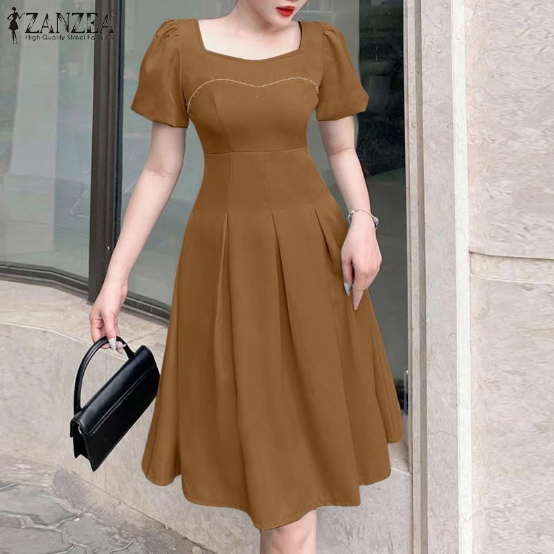 ZANZEA Women Casual Square Neck Summer Short Sleeve Dress