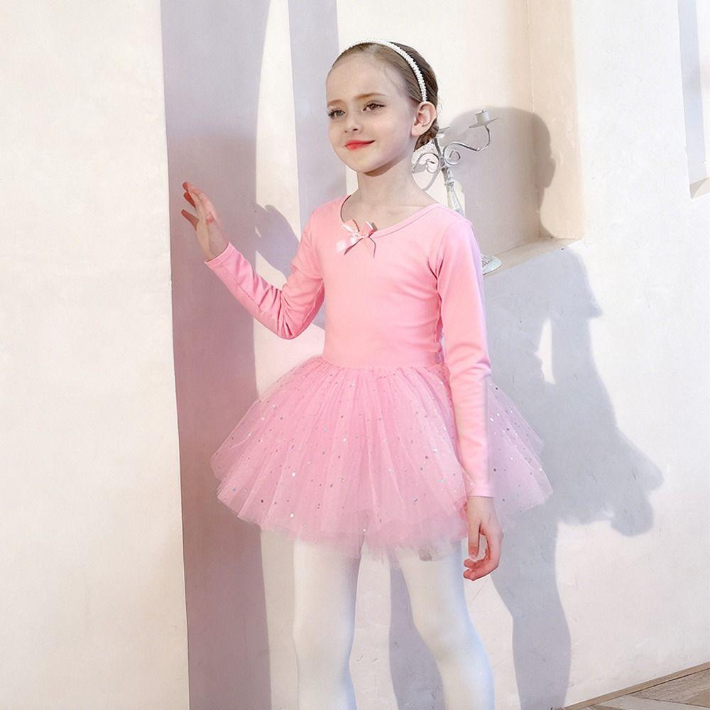 Fashion Long Sleeve Ballet Dress Cotton Sequins Ballet Tutu Skirt Party Dress Bowknot Performance Clothes Dance