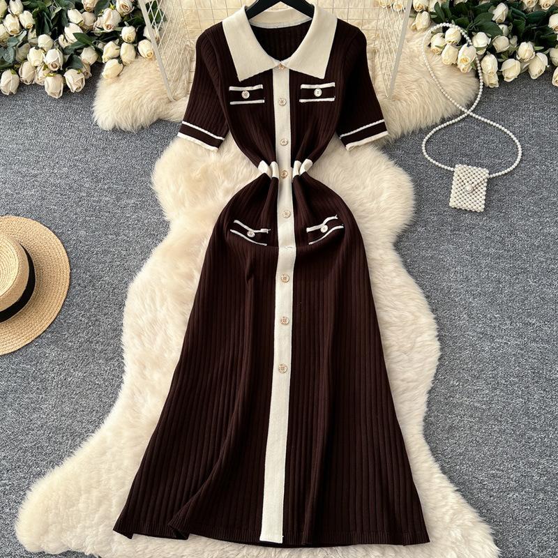 

Elegant Slimming Spliced Single-breasted Knit Dresses for Women Lapel Short Sleeves Patchwork Sweater Dress Female One Size