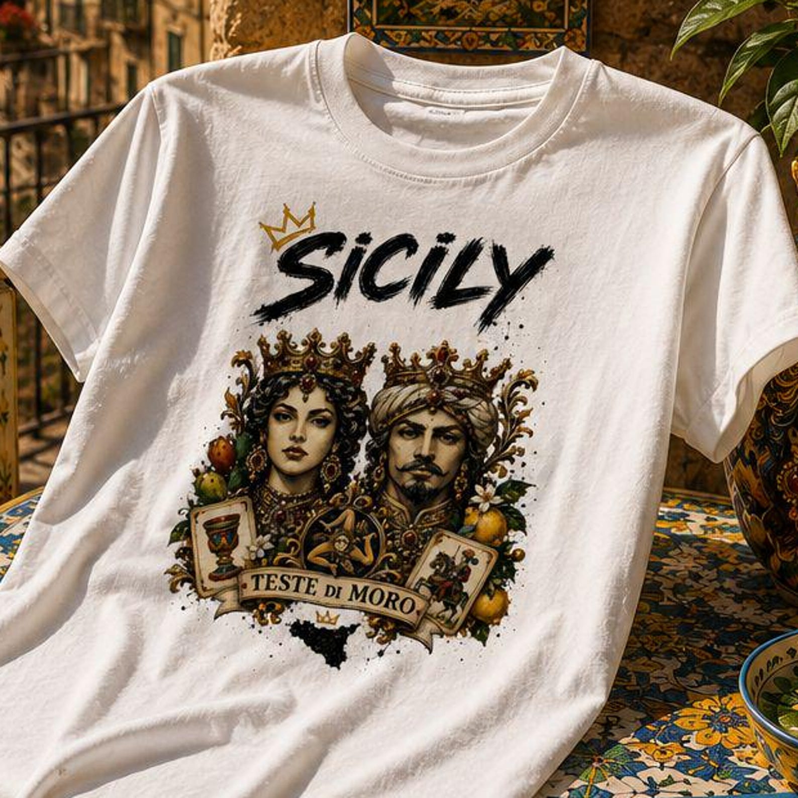 Teste di Moro Sicily T-Shirt | Sicilian Trinacria Tee | Italy Shirt | Moor Head Sicilian Heritage Gift | Italian Pride Unisex T-Shirt S