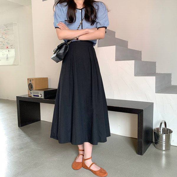 Women's Long Skirts Elastic High Waist Casual Skirt Girl's Spring Summer Solid Color A-line Skirts All-match Hot Pleated Skirt