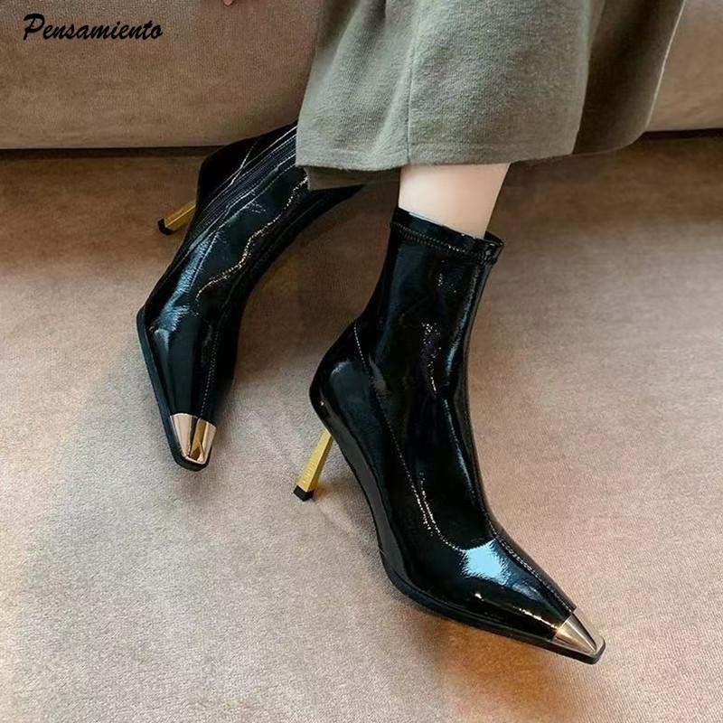 Fashion Star style Fashion Patent Leather Metal Square toe Women Ankle Boots Autumn Winter Stiletto High heels Chelsea Short Boots Shoes