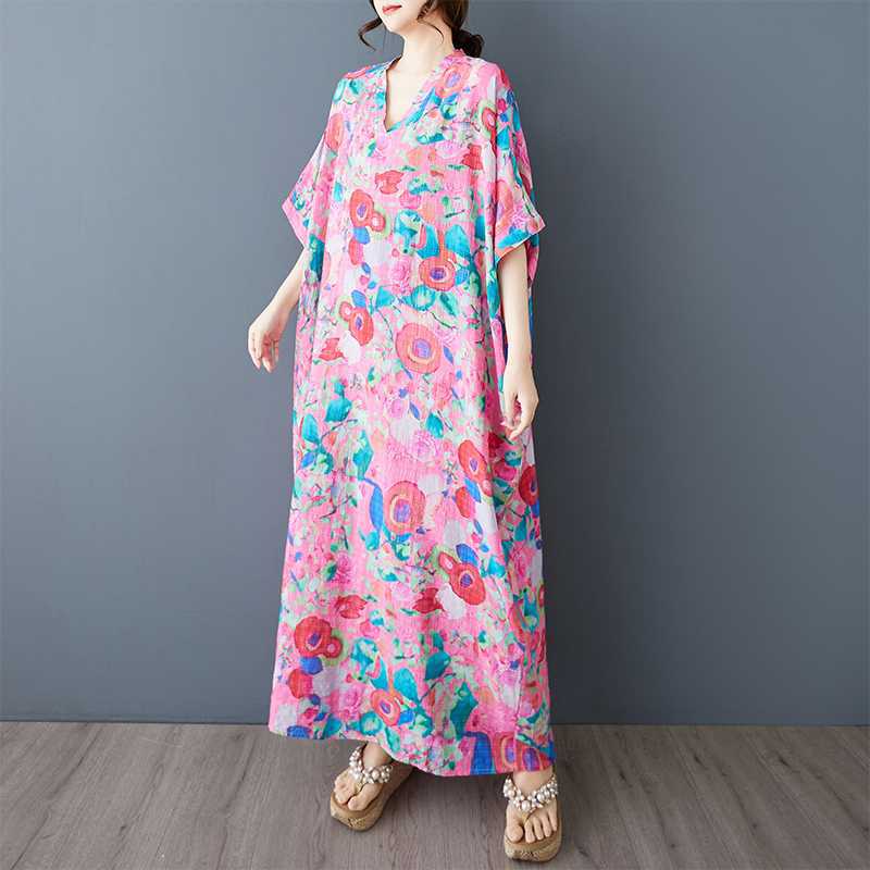 Summer V-neck Retro Cotton and Linen Dress