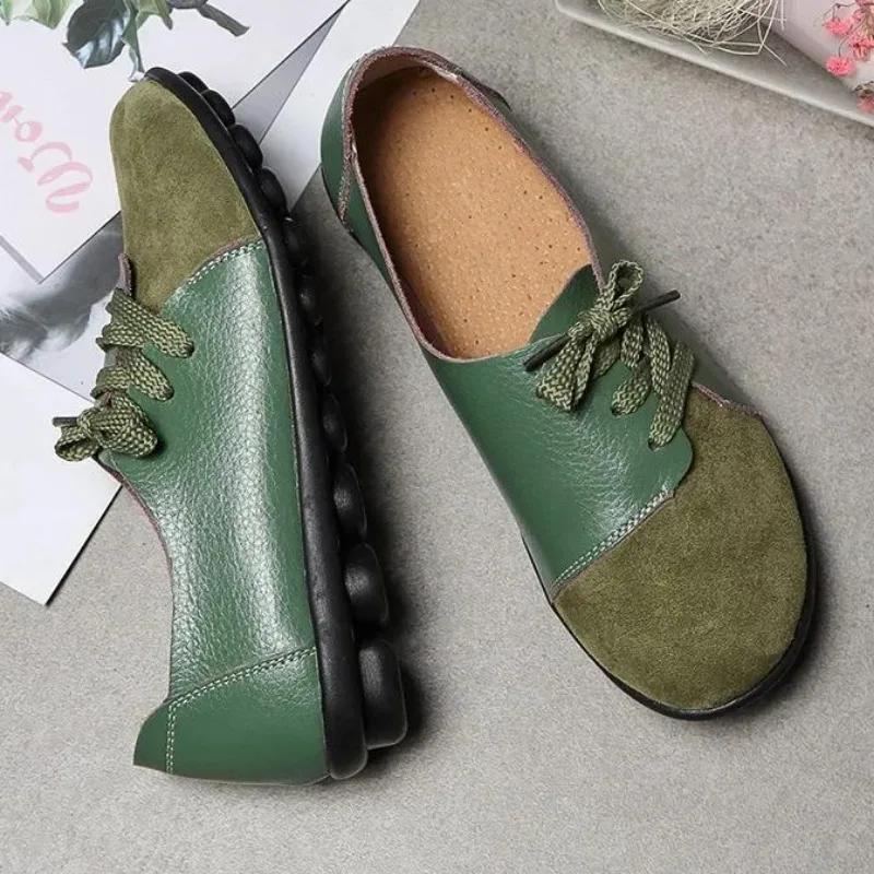 Women Leather Moccasins Flats Shoes Woman Sneakers Lace-Up Casual Ladies Driving Shoes Round Toe PU Loafers Zapatos De Mujer
