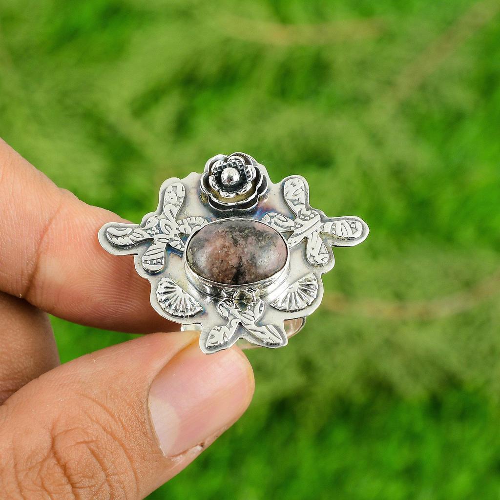 925 Sterling Silver Rhodonite Stone Flower Stackable Artisan Heart Chakra Ring